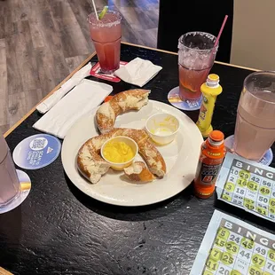 a plate of food and drinks
