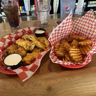 Garlic parm wings and waffle fries
