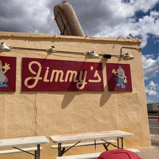 a sign for jimmy&apos;s hot dog