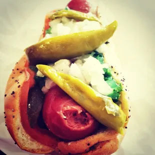 a hot dog with pickles and tomatoes