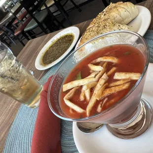 Andalusian Gazpacho -cold tomato soup with chunks of avocado, very good!