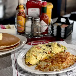 Tasty omelet and pancakes.