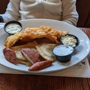 Fish fry haddock with pierogies &amp; kielbasa