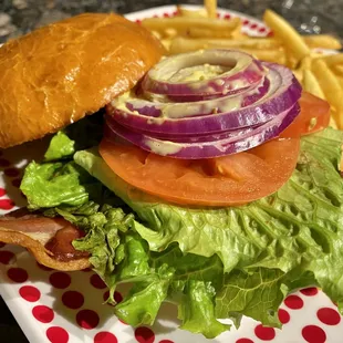 Bacon cheddar burger with fries ($18)