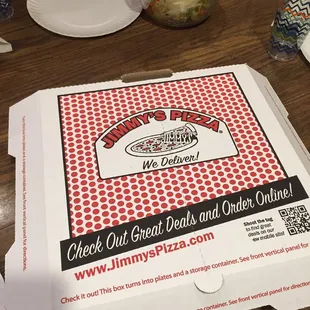 The pizza box with instructions on how to tear the perforated box into plates and left over containers may have been the best part.