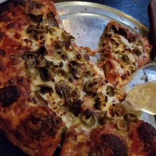 A specialty pizza, made to order. Absolutely perfect and exactly as requested. Delicious!