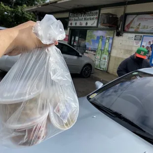 a person holding a bag of food