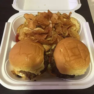 The two sliders and chips deal! That hint of red on the left is some ketchup on the side. All delicious!