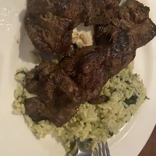 Steak tips (teriyaki) with spinach rice