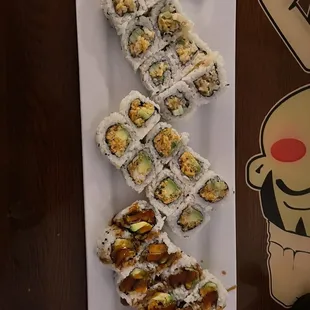 Top to bottom: special scallop roll, blue crab avocado roll, yummi yummi tempura sweet potato roll