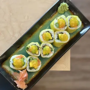 June 14, 2022: Soy Paper Salmon Roll * mango. spinach. asparagus. mango sauce