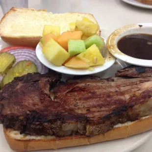 $9.25 prime rib sandwich! So delicious. Fruit instead of fries ...