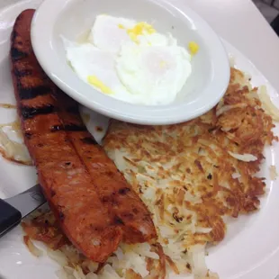 Linguisa and poached eggs