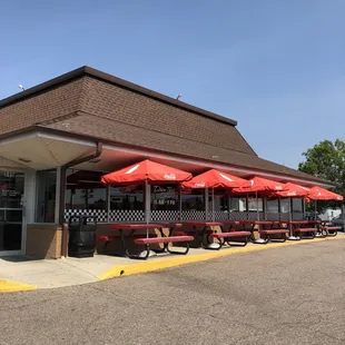 Outside. Have lots of seating.