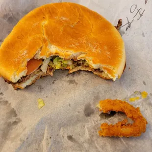 Front of my burger, and an onion ring. You cannot see how massive this thing is from this angle