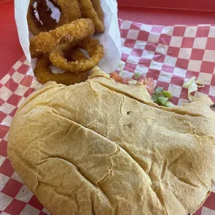 6in burger with onion rings...sorry had to take a couple of bites