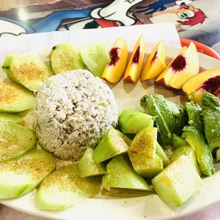 Tuna fish and avocado with Tahine cucumbers and peaches