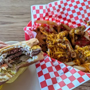Jr. Double Deluxe burger (left), small chili cheese fries (right)