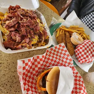 BBQ Onion Cheeseburger, Pastrami Chili Cheese Fries, Big Box