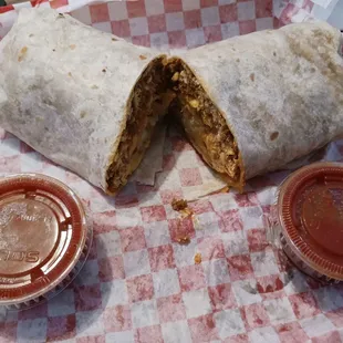 Chorizo burrito  with red salsas