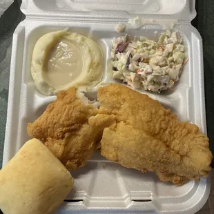 Catfish dinner with mashed potatoes and coleslaw.  Got this to go.
