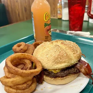 Bacon Cheddar Burger with Onion Rings