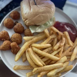 a hamburger and fries on a plate