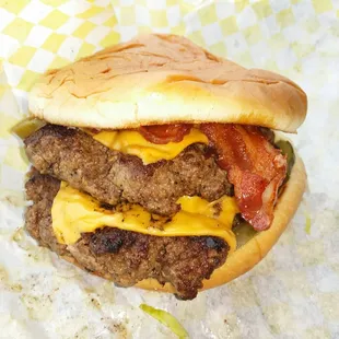 Double bacon and jalapeño cheeseburger. I'm stuffed