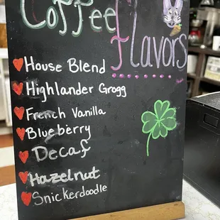 Coffee menu