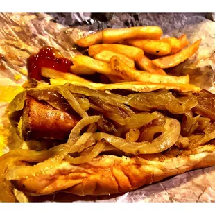 Polish Sausage Sandwich w/Fries.   Jim&apos;s Original !HotDog PorkChop PolishSausage ChickenBreast Hamburger FishSandwich. Open 24/7