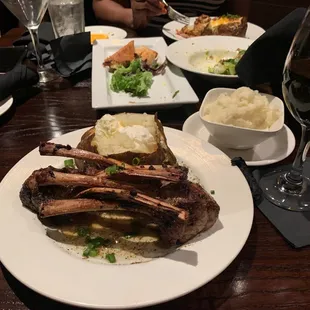 Lamb chops, catfish, Russet Mashed an baked Potatoes, broccoli, &amp; Cabernet Sauvignon.