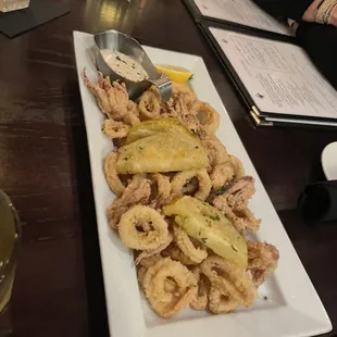 Louisiana Style Calamari with Cornmeal Fried Green Tomatoes