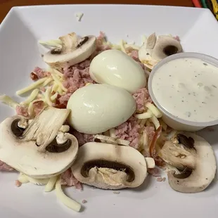 My son likes &quot;salad.&quot;  It&apos;s cheese, egg, ham, mushrooms and ranch dressing!