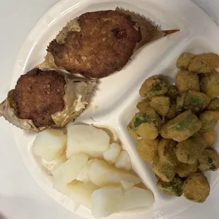 Deviled crab, boiled potatoes, fried okra