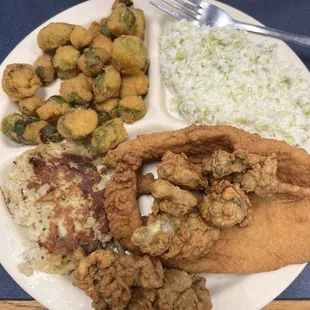 Crab cake, oysters, fish, okra, coleslaw