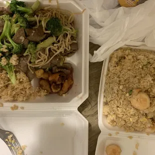 Broccoli, chowmien and fried rice &amp; shrimp fried rice. They chowmien tasted like water and oil