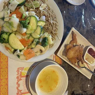 Vegetables with chow mien and soup!  Delicious