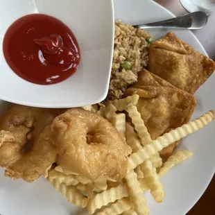 Kid&apos;s Meal: You can choose any five items from a list. This one had fries, fried rice,shrimp tempura, crab rangoon, and wonton strips.