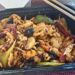 Chicken in hot Szechuan hot garlic sauce.