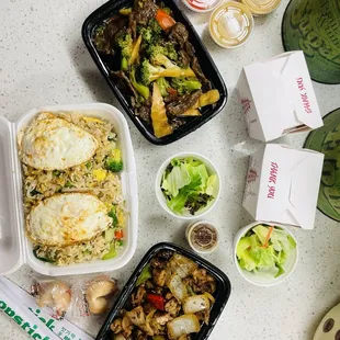 Beef Broccoli Beef, Fried Rice, Black Pepper Chicken.