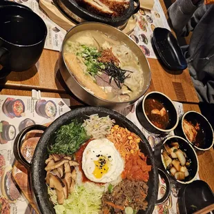 Bibimpap, kal guk soon, and cheese kansu curry.