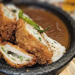 Jalapeno Cheese Curry Katsu (Jalapeno, Cheese Stuffed Pork Katsu Served with Rice and Curry on hot stone)