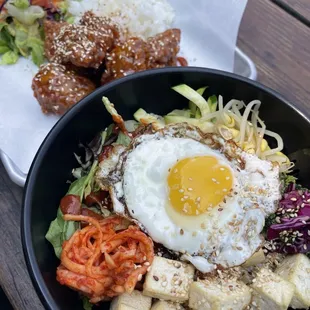 Tofu bibimbap and Korean spicy chicken