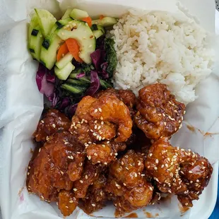 Medium Boneless Chicken w/ Korean Spicy Sauce, Plus Salad and Rice.