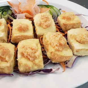 Deep Fried Stuffed Tofu - Crispy skin stuffed tofu with a small mound of ground shrimp filling to top