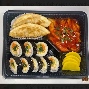 Ddeokbokki, gimbap fried Mandu egg soup and picked Radish