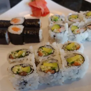 3 roll sushi lunch - salmon, Alaska and California rolls - comes with miso soup and salad for - $12.50