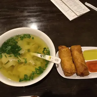 Yummy wanton soup and egg rolls
