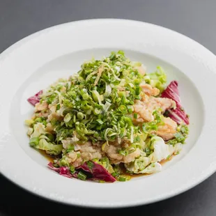 Mandarin Stacked &quot;Kwubaro&quot; - Lightly battered pork ribbons tossed with Korean leek and a refreshing and tangy soy-based dressing