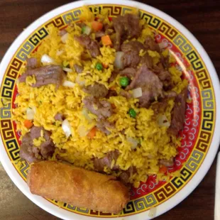 Beef fried rice, large (egg roll doesn't come with, it is from my dish)